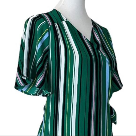 Halogen Women's Wrap Tie Waist Midi Dress Green Black Multi Stripes Size SP - Picture 8 of 14